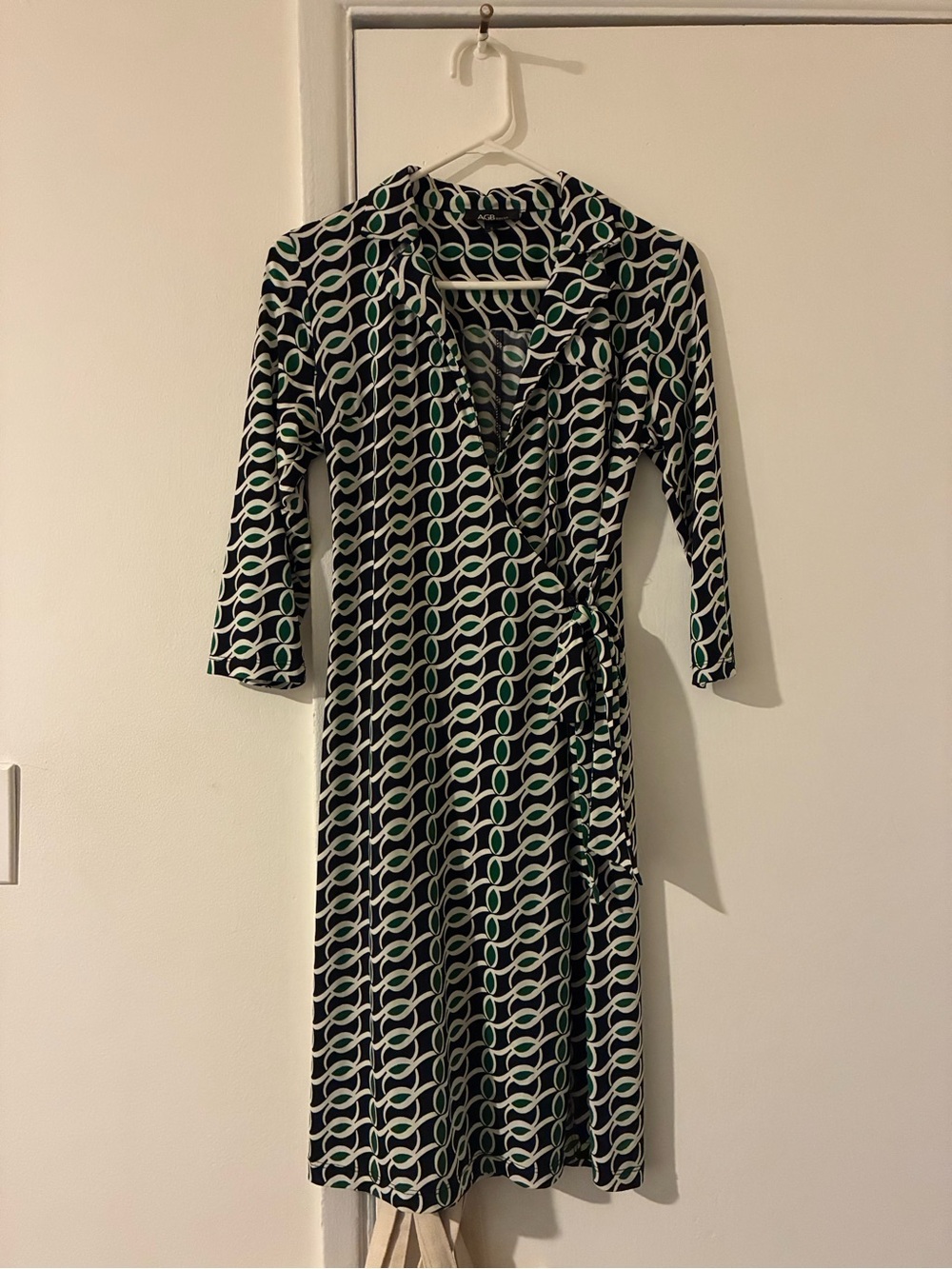 AGB Geometric Print Wrap Dress in Black & Green